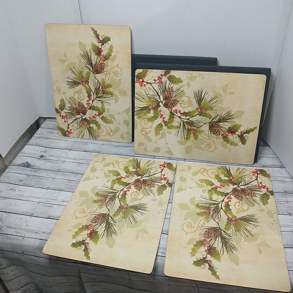 Vintage Cala Placemats Holly Christmas Cork Back Pine Cones Holiday